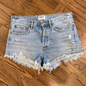 Agolde Frayed Hem Jean Shorts - Light Blue
